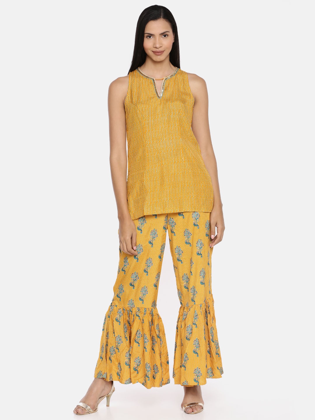 

Global Desi Women Mustard Yellow & Turquoise Blue Printed Top with Palazzos