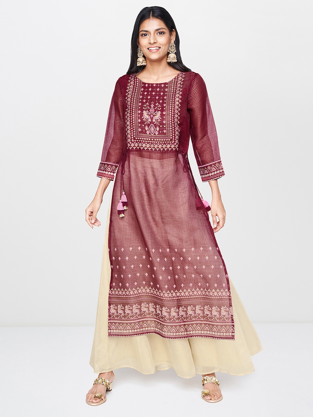 

Global Desi Women Maroon & Beige Printed Kurta with Palazzos