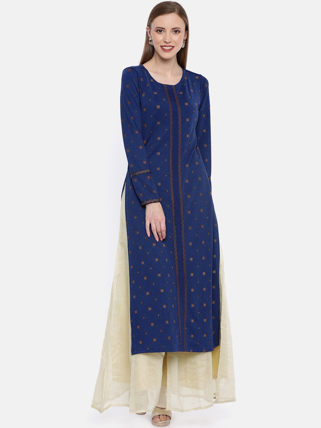 

Global Desi Women Navy Blue Printed Straight Kurta
