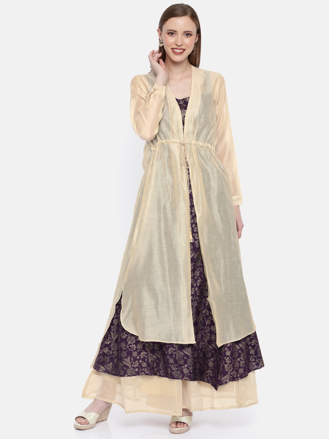 

Global Desi Women Off-White & Purple Solid A-Line Layered Kurta
