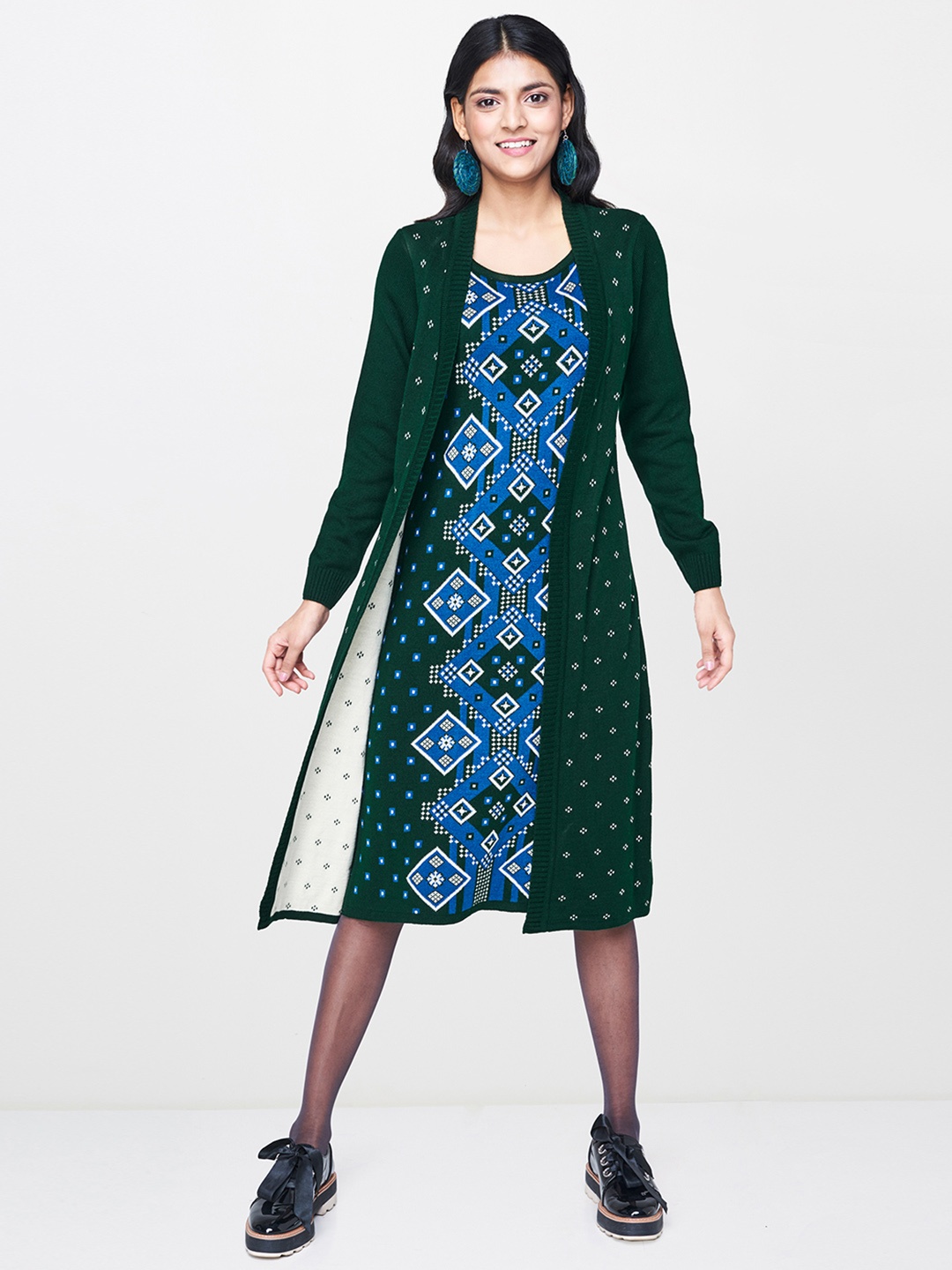 

Global Desi Women Green & BluePrinted A-Line Dress
