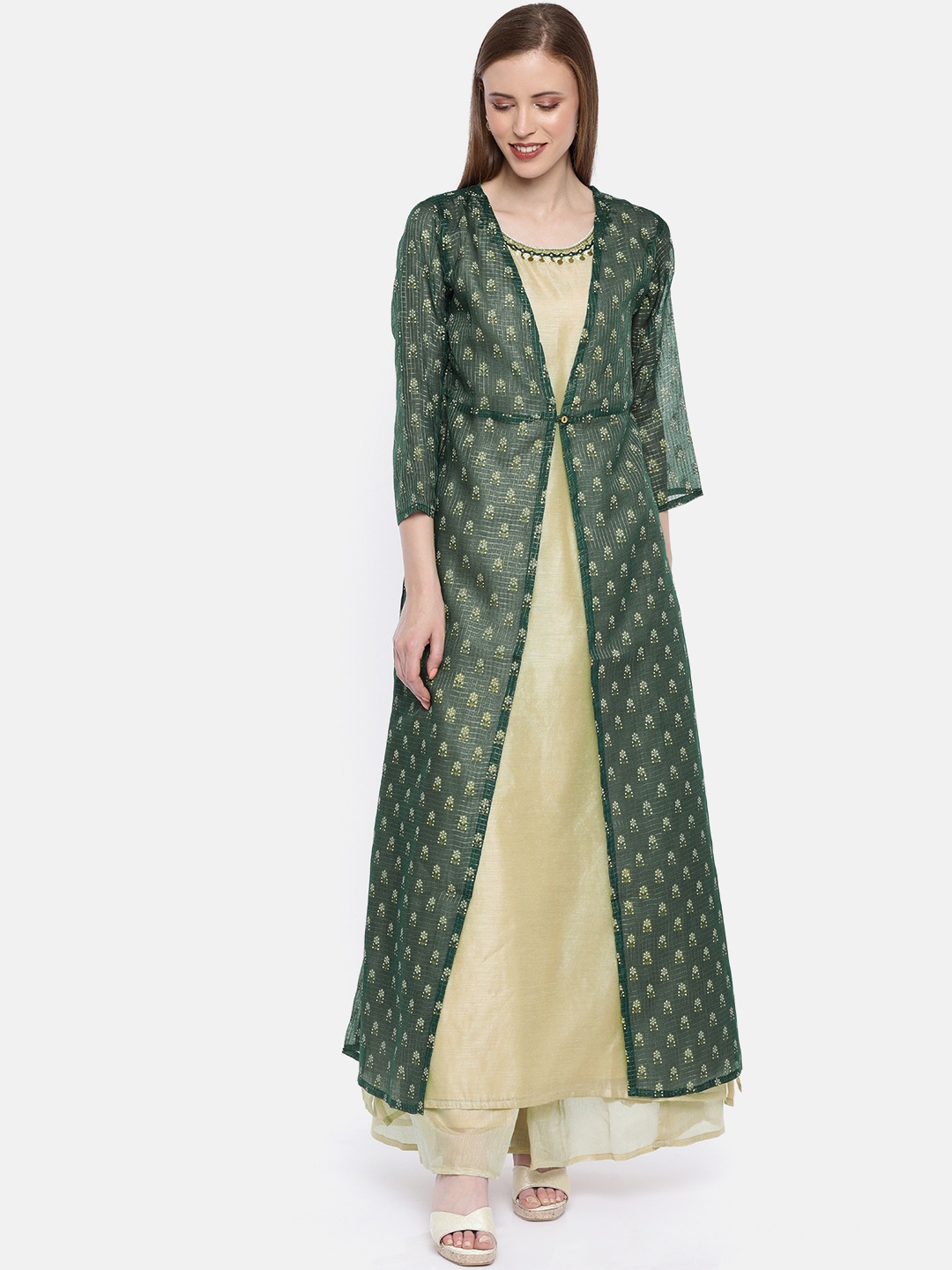 

Global Desi Women Green & Beige Floral Woven Design A-Line Layered Kurta