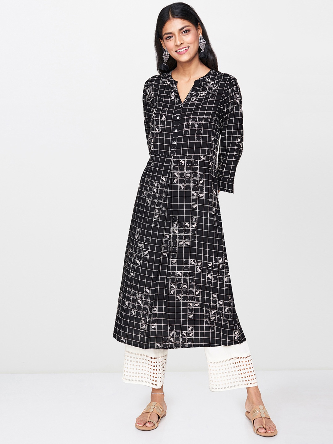 

Global Desi Women Black & White Checked A-Line Kurta