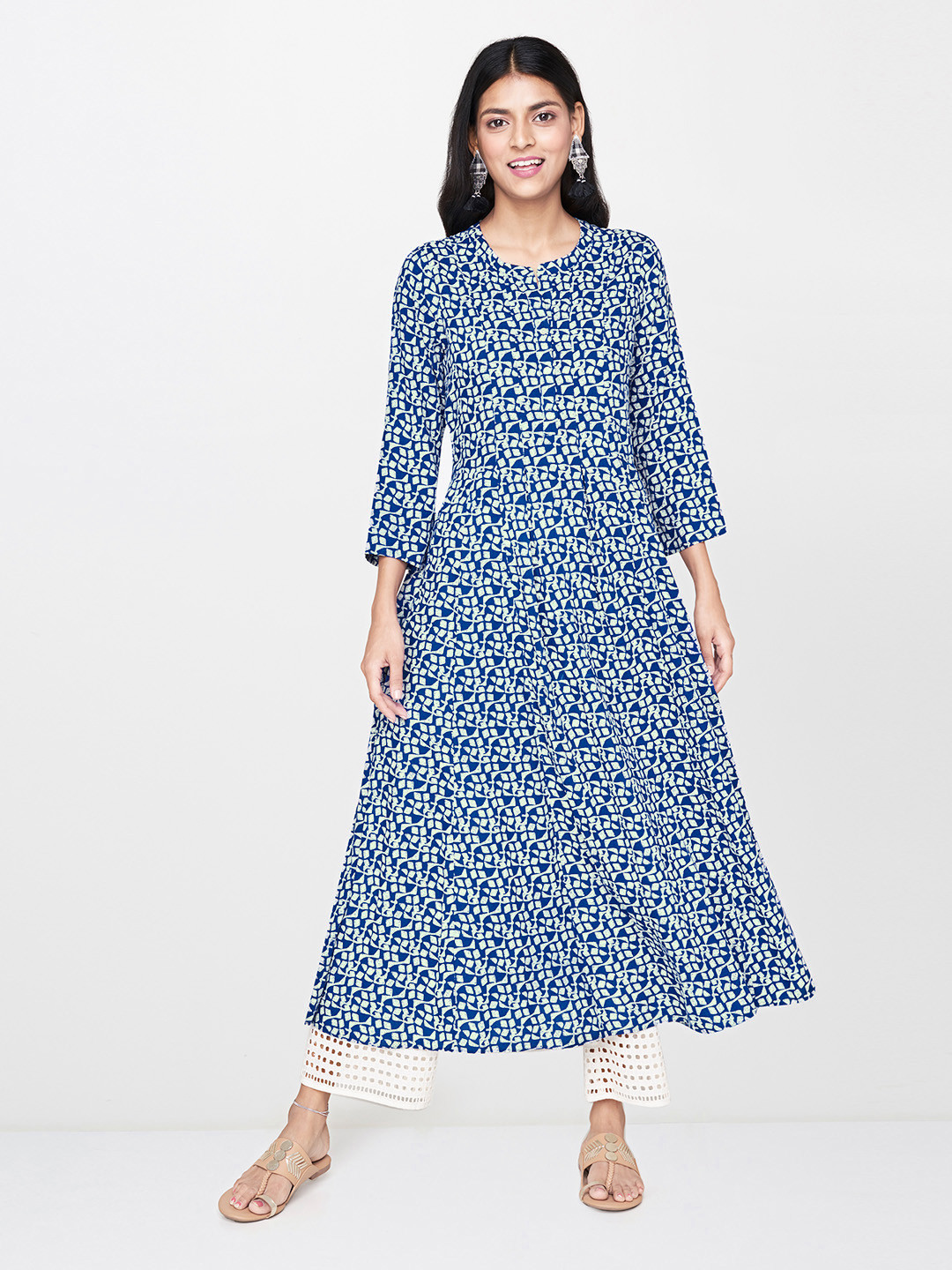 

Global Desi Women Blue & Off-White Printed A-Line Kurta