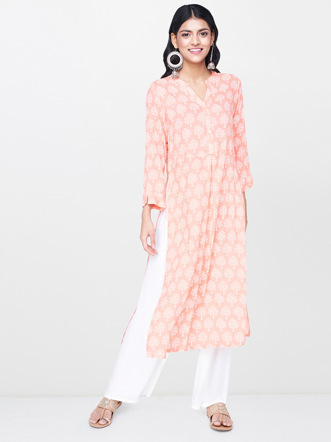 

Global Desi Women Pink & White Printed Kurta with Churidar