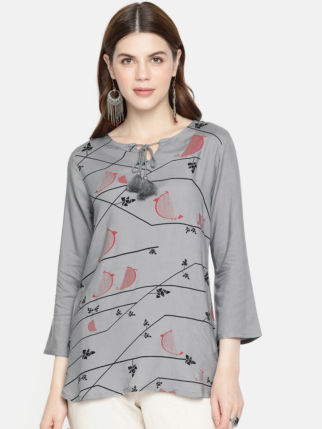 

Global Desi Women Grey & Red Printed Tie-Up Neck Top