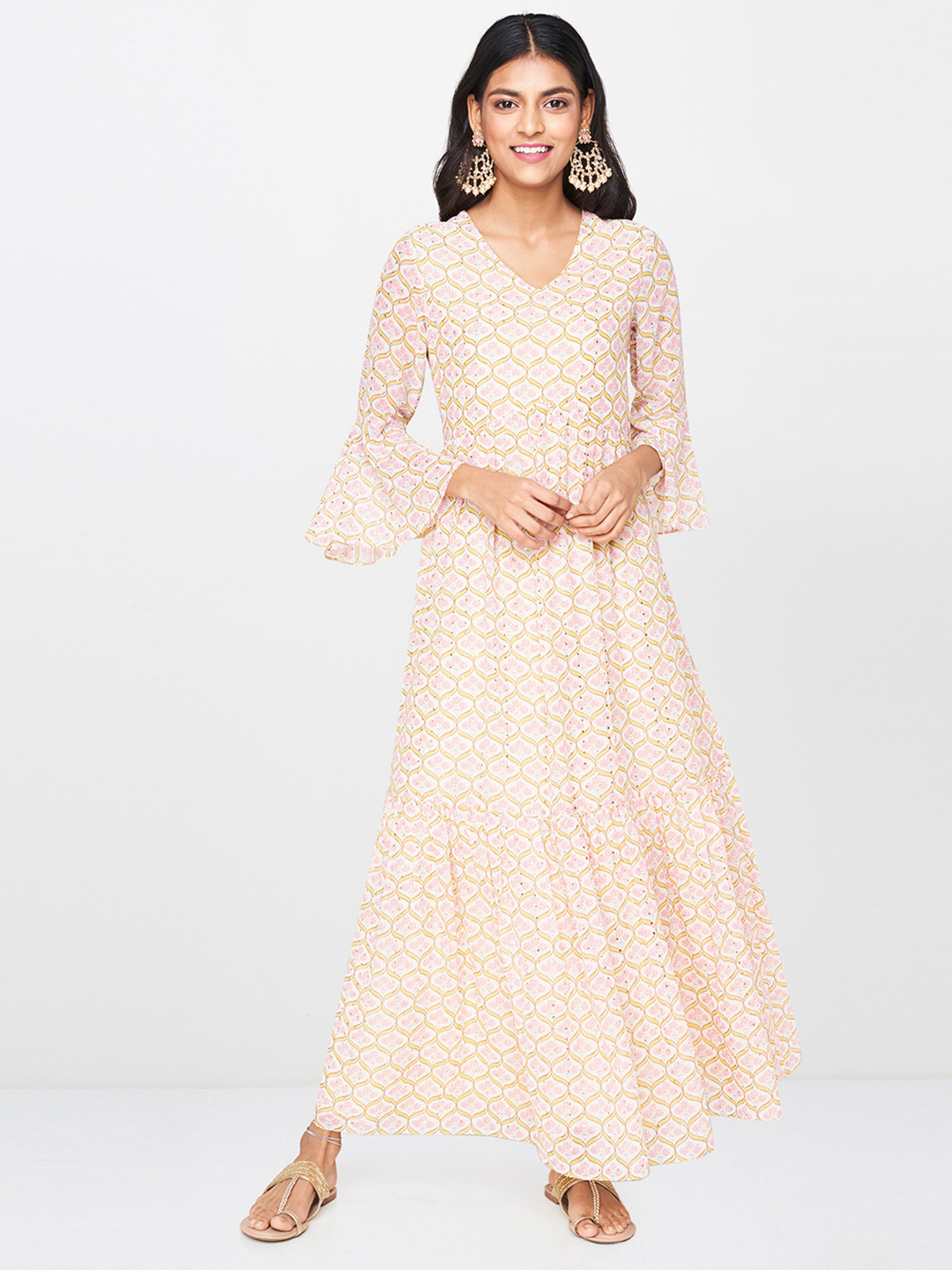 

Global Desi Women Off-White & Pink Printed Maxi Dress