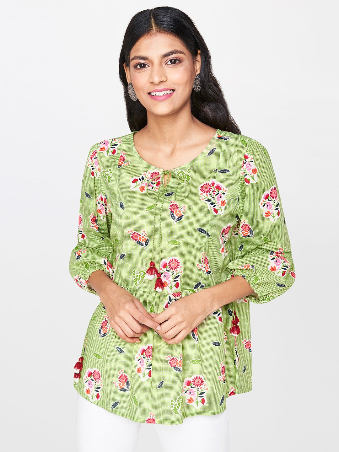 

Global Desi Women Green & Pink Printed Top