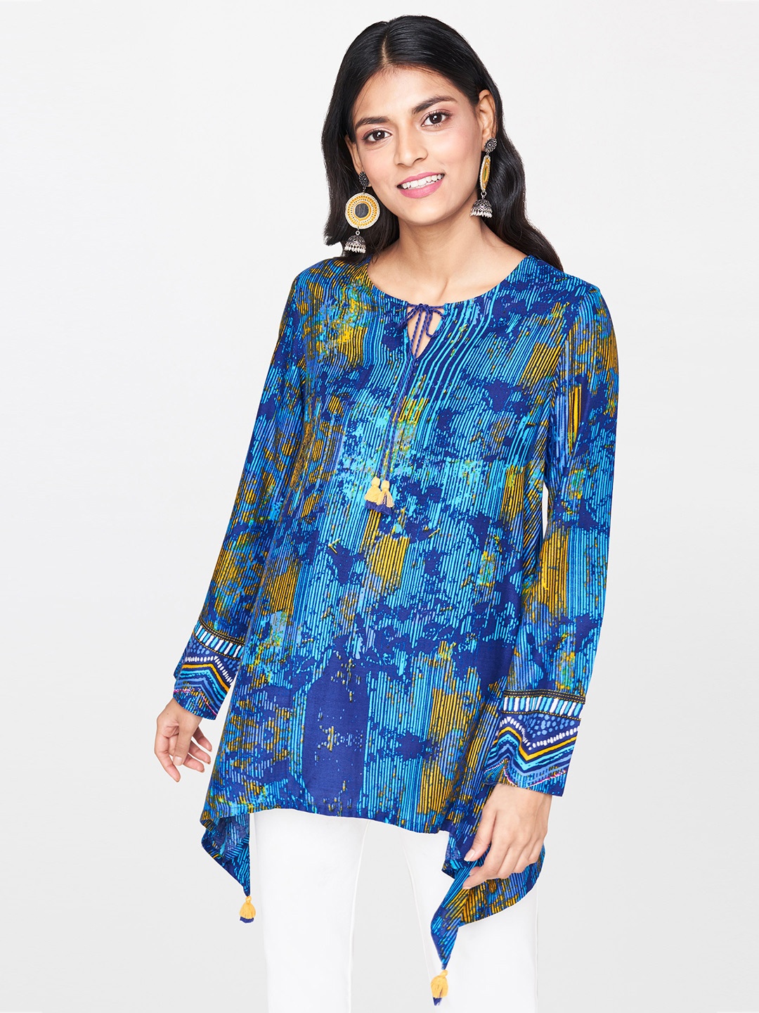 

Global Desi Women Blue & Yellow Printed Top With Tie-Up Neck