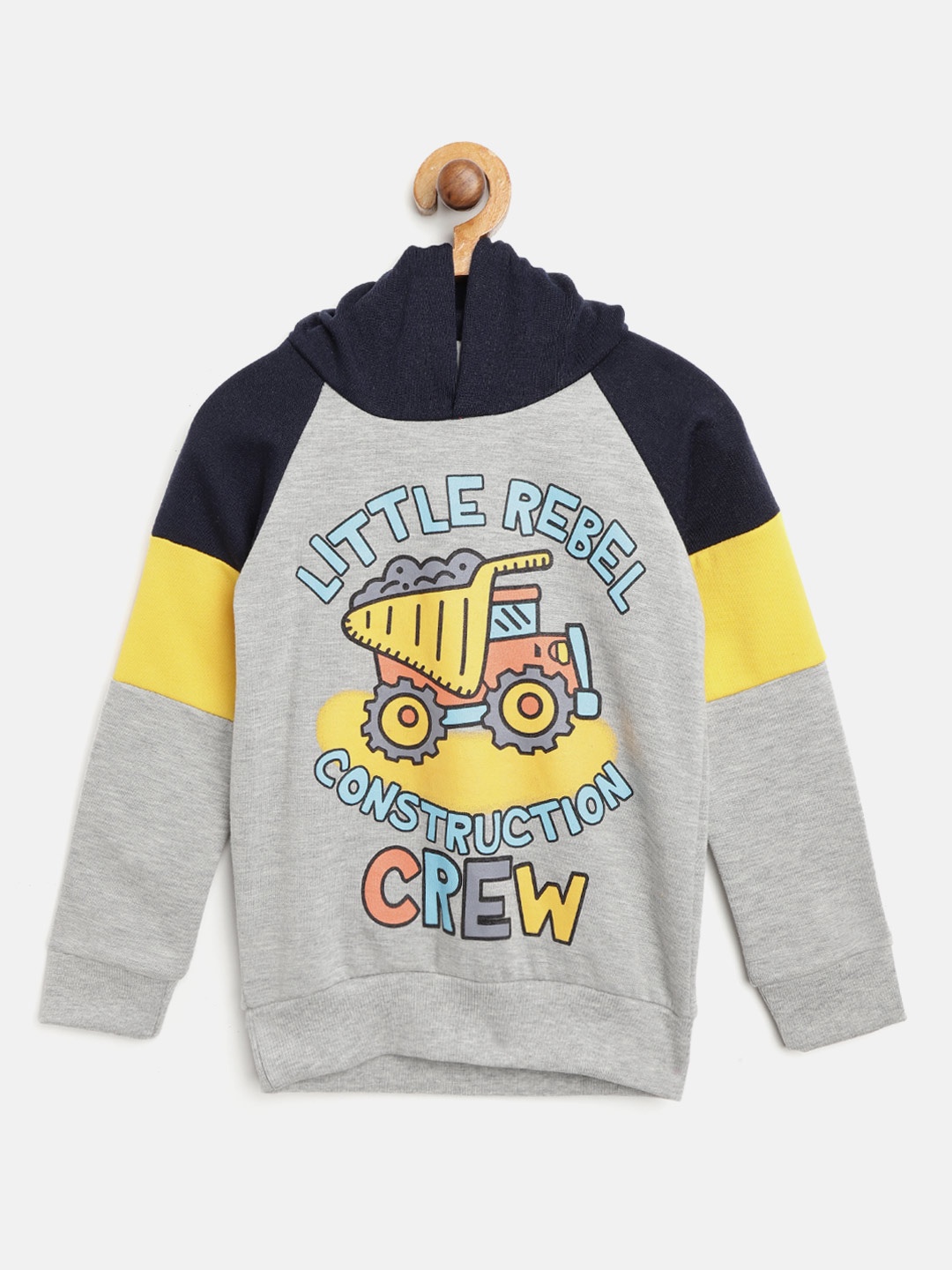 

Lazy Shark Boys Grey Melange & Yellow Printed Hooded Sweatshirt