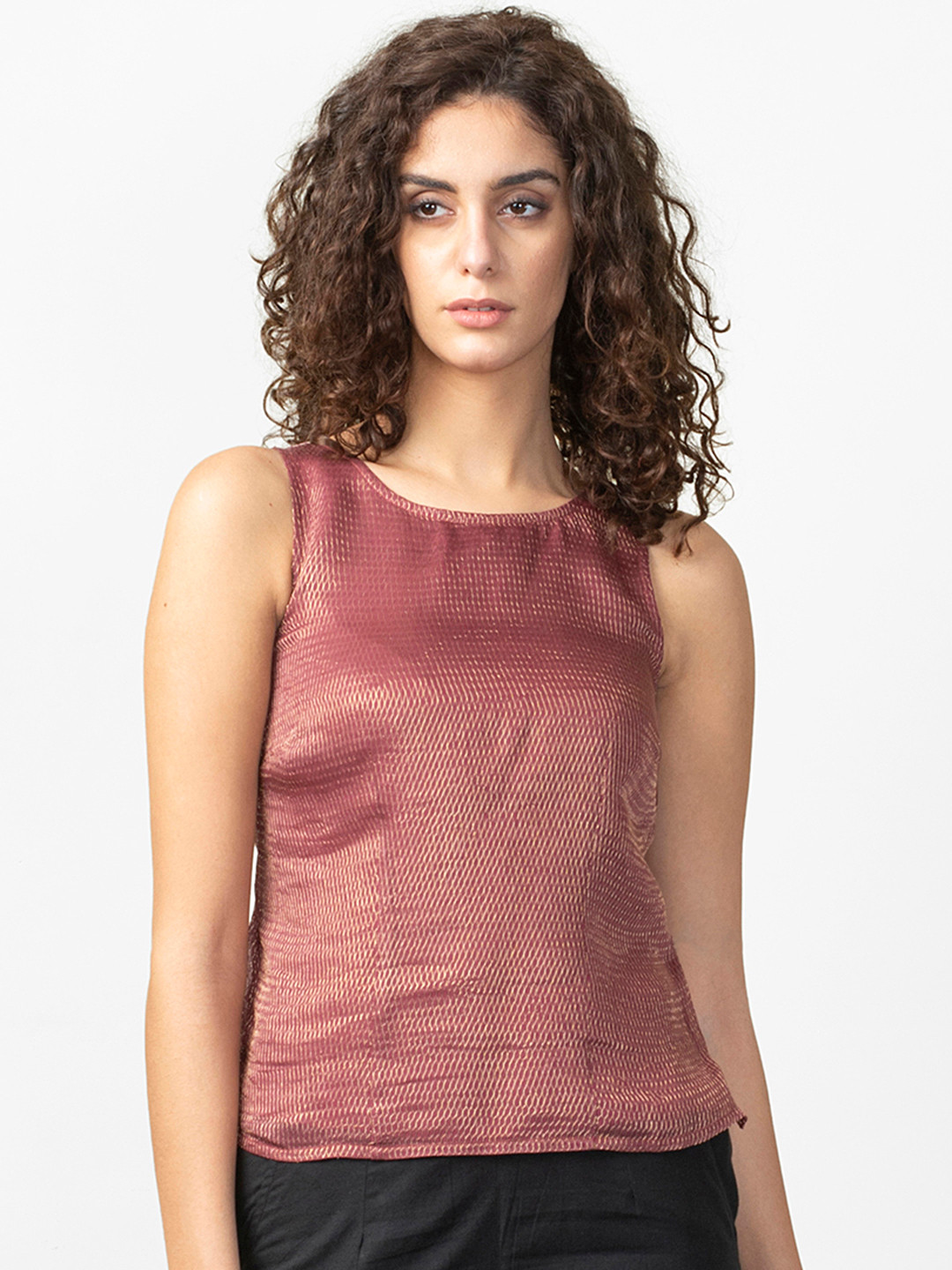 

Fabindia Women Maroon & Golden Self Design Top