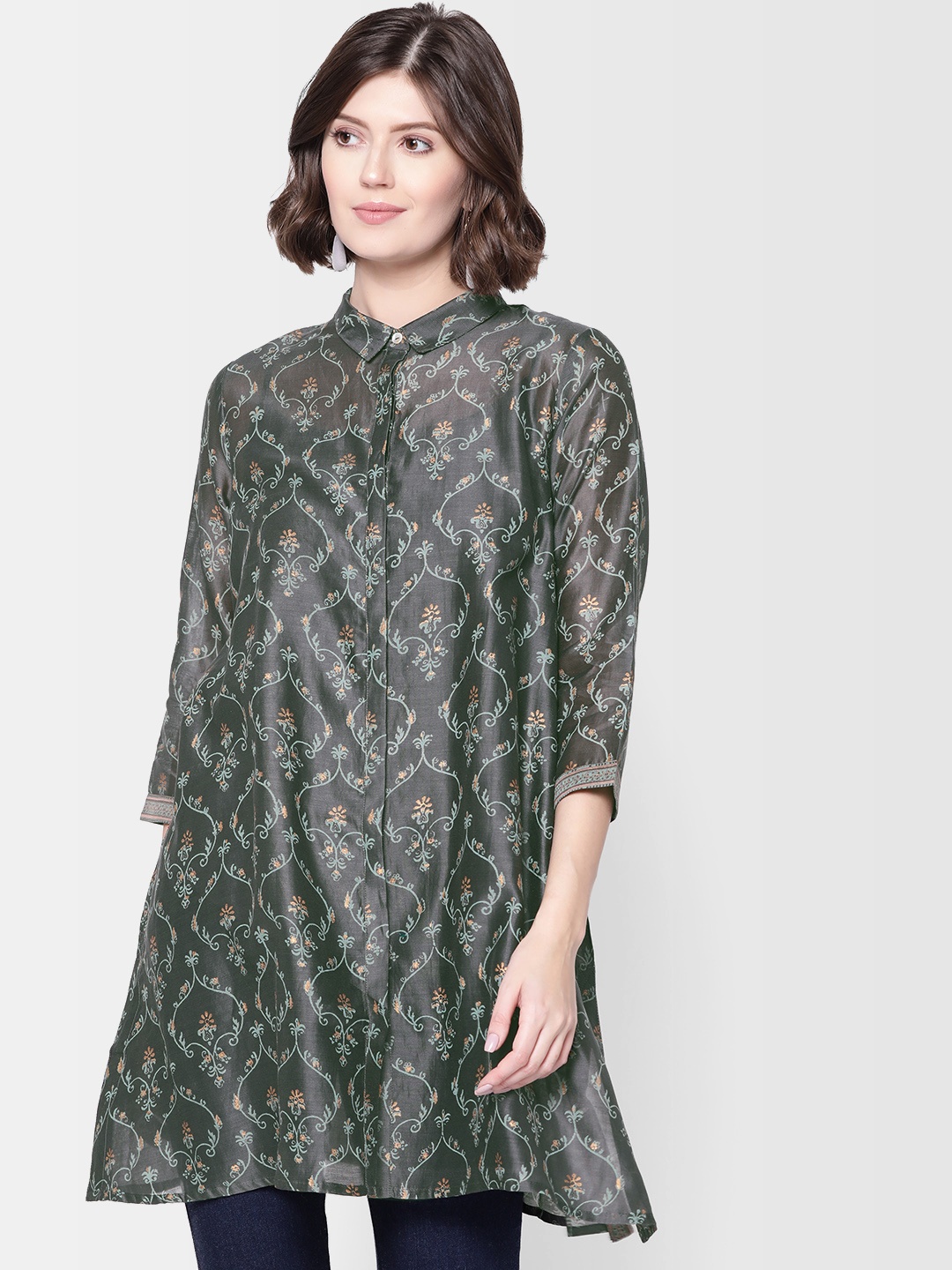 

Fabindia Grey & Sea Green Printed Tunic