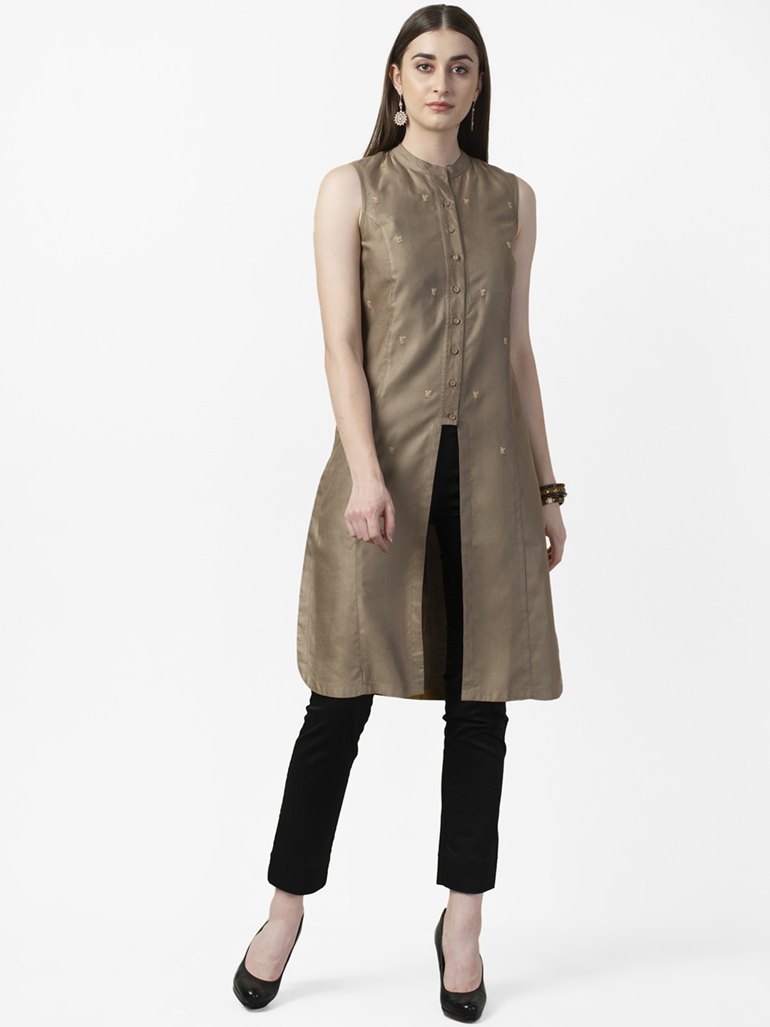 

Fabindia Women Taupe & Golden Hand-Embroidered Tunic