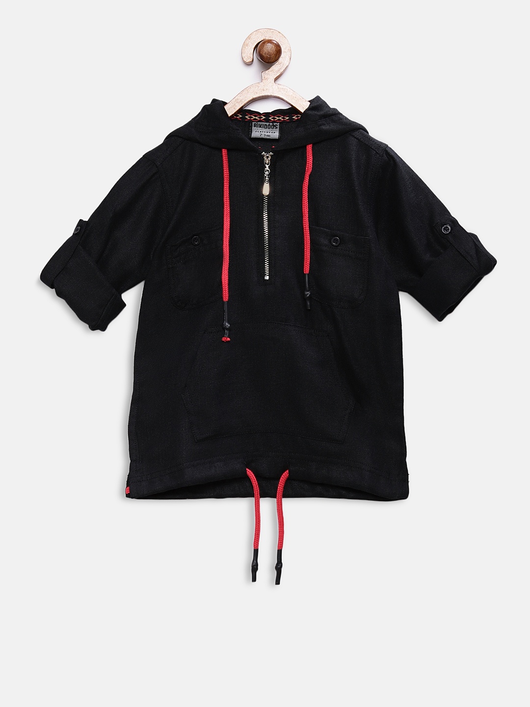 

RIKIDOOS Boys Black Solid Casual Hooded Shirt