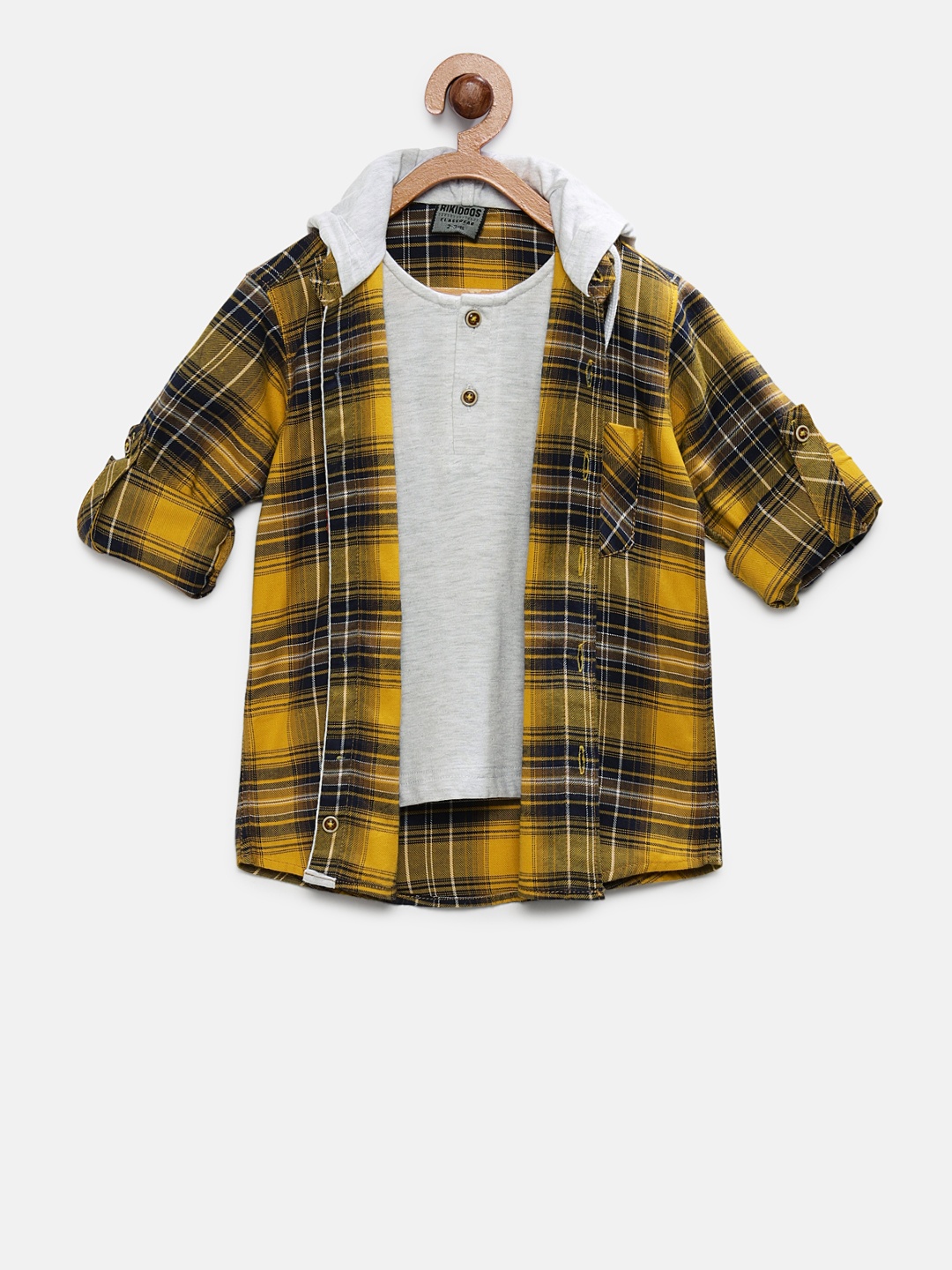 

RIKIDOOS Boys Mustard Yellow & Navy Blue Regular Fit Checked Hooded Casual Shirt