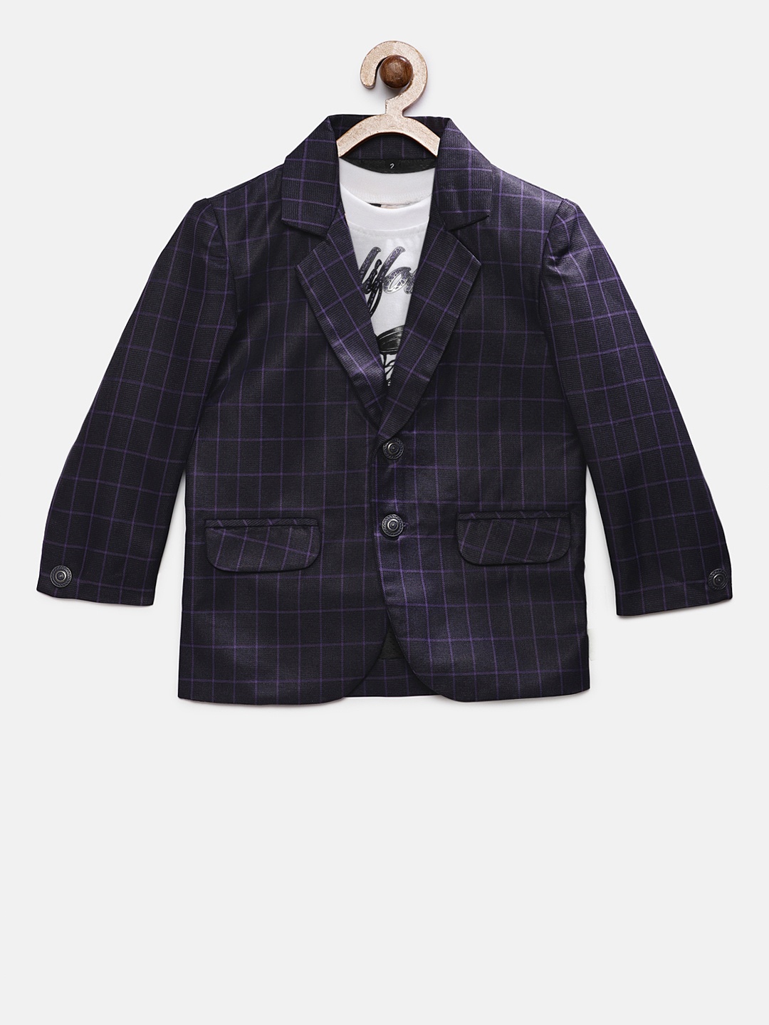 

RIKIDOOS Boys Purple & Black Checked Double-Breasted Blazer With T-Shirt
