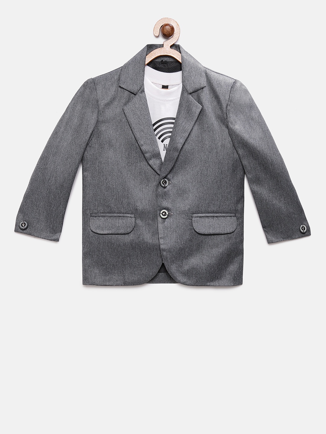 

RIKIDOOS Boys Grey & White Printed Single-Breasted Blazer with T-shirt