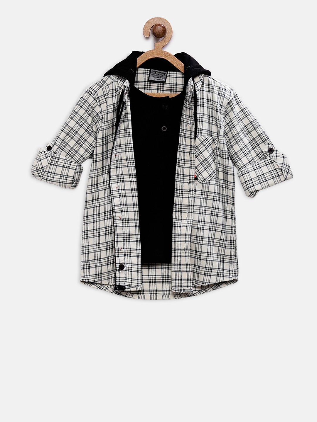 

RIKIDOOS Boys Off-White & Black Regular Fit Checked Hooded Casual Shirt