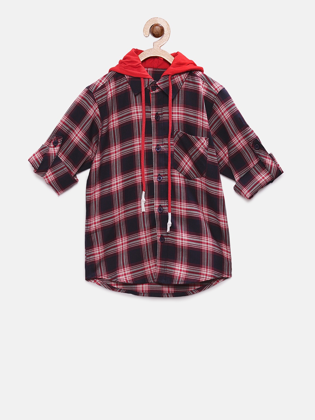 

RIKIDOOS Boys Red & Black Regular Fit Checked Hooded Casual Shirt