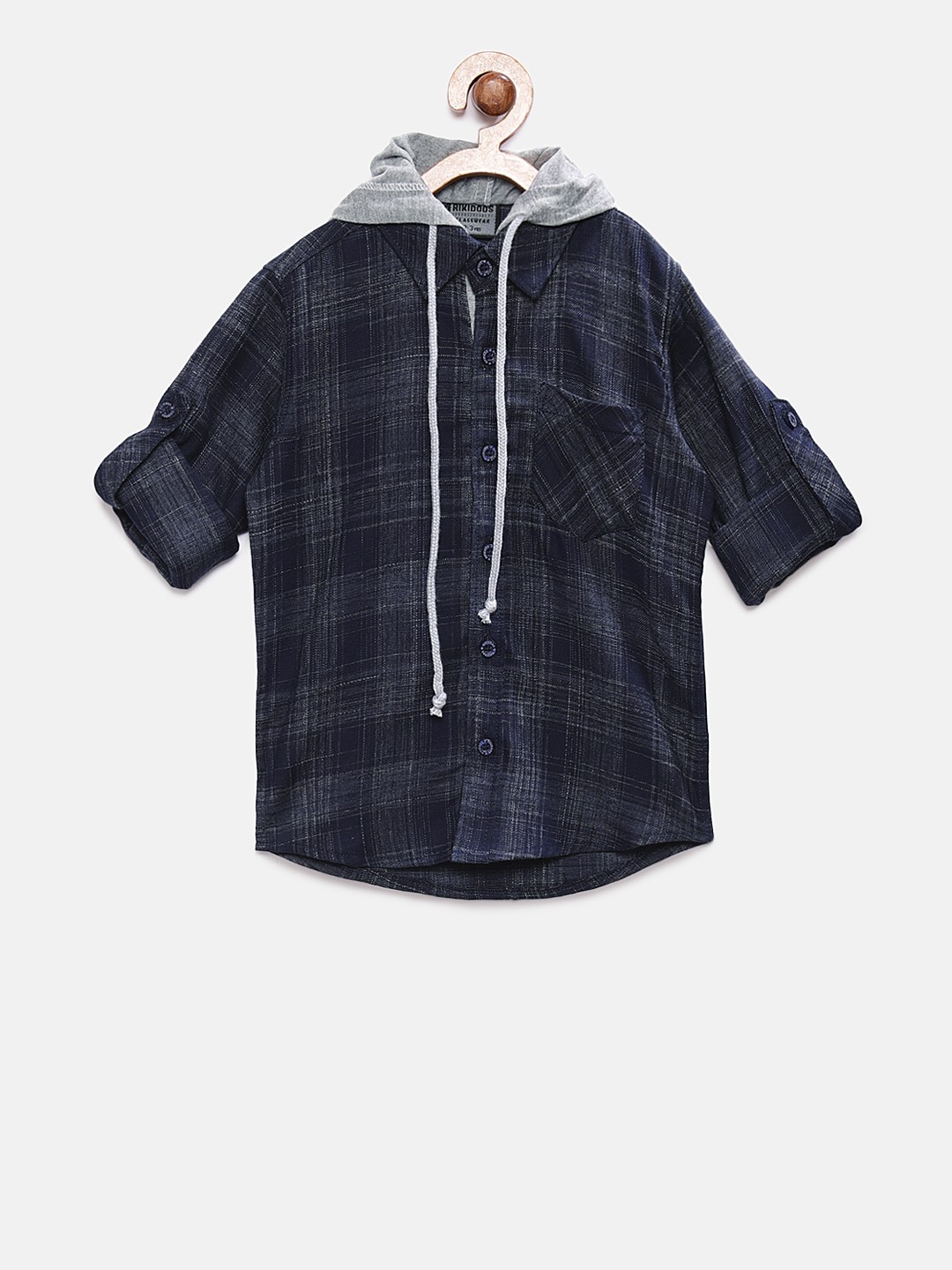 

RIKIDOOS Boys Navy Blue & Grey Melange Regular Fit Checked Hooded Casual Shirt