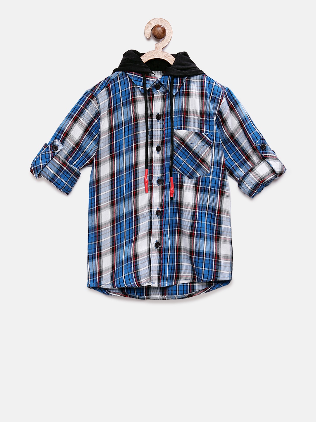 

RIKIDOOS Boys Blue & Brown Checked Casual Hooded Shirt