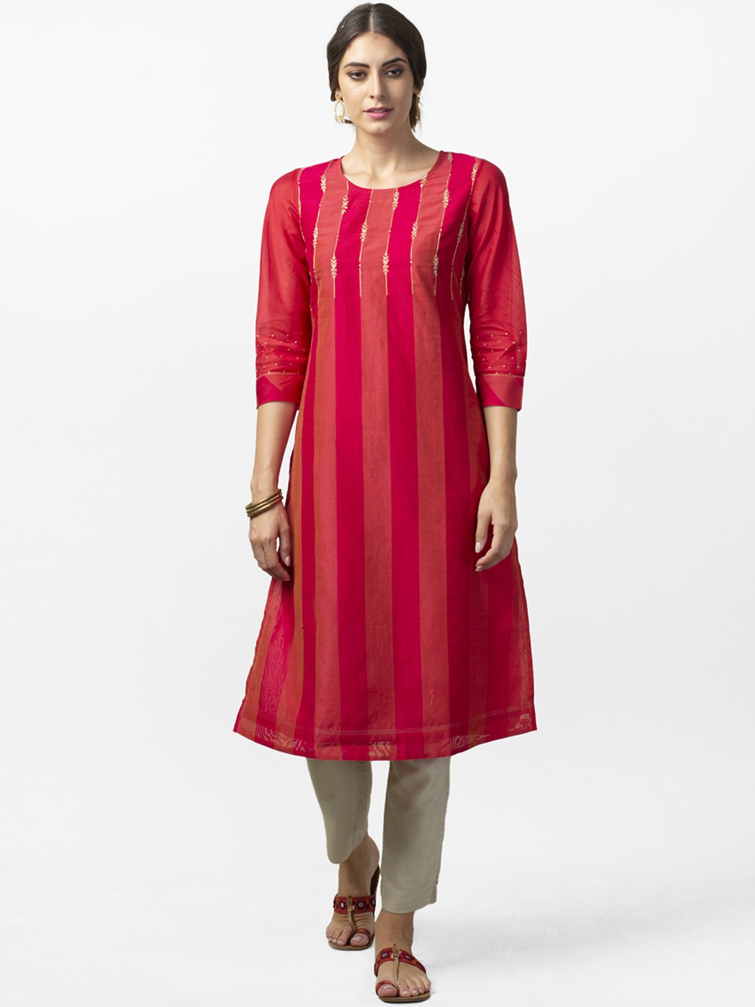 

Fabindia Women Pink & Orange Slim Fit Striped A-Line Kurta