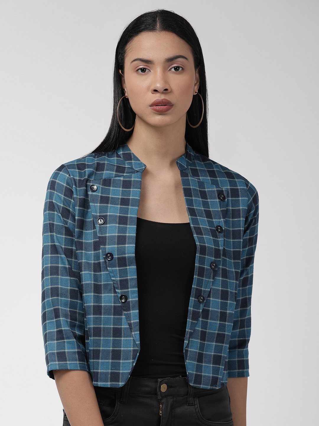 

Style Quotient Women Teal blue & Beige Checked Lightweight Tailored Jacket