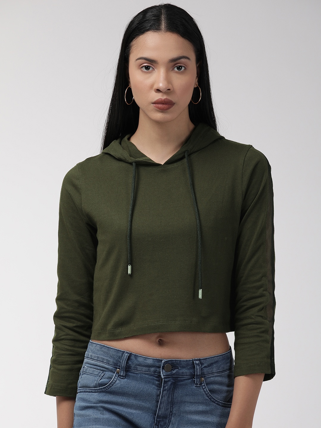 

Style Quotient Women Olive Green Solid Hooded Cropped Sweatshirt