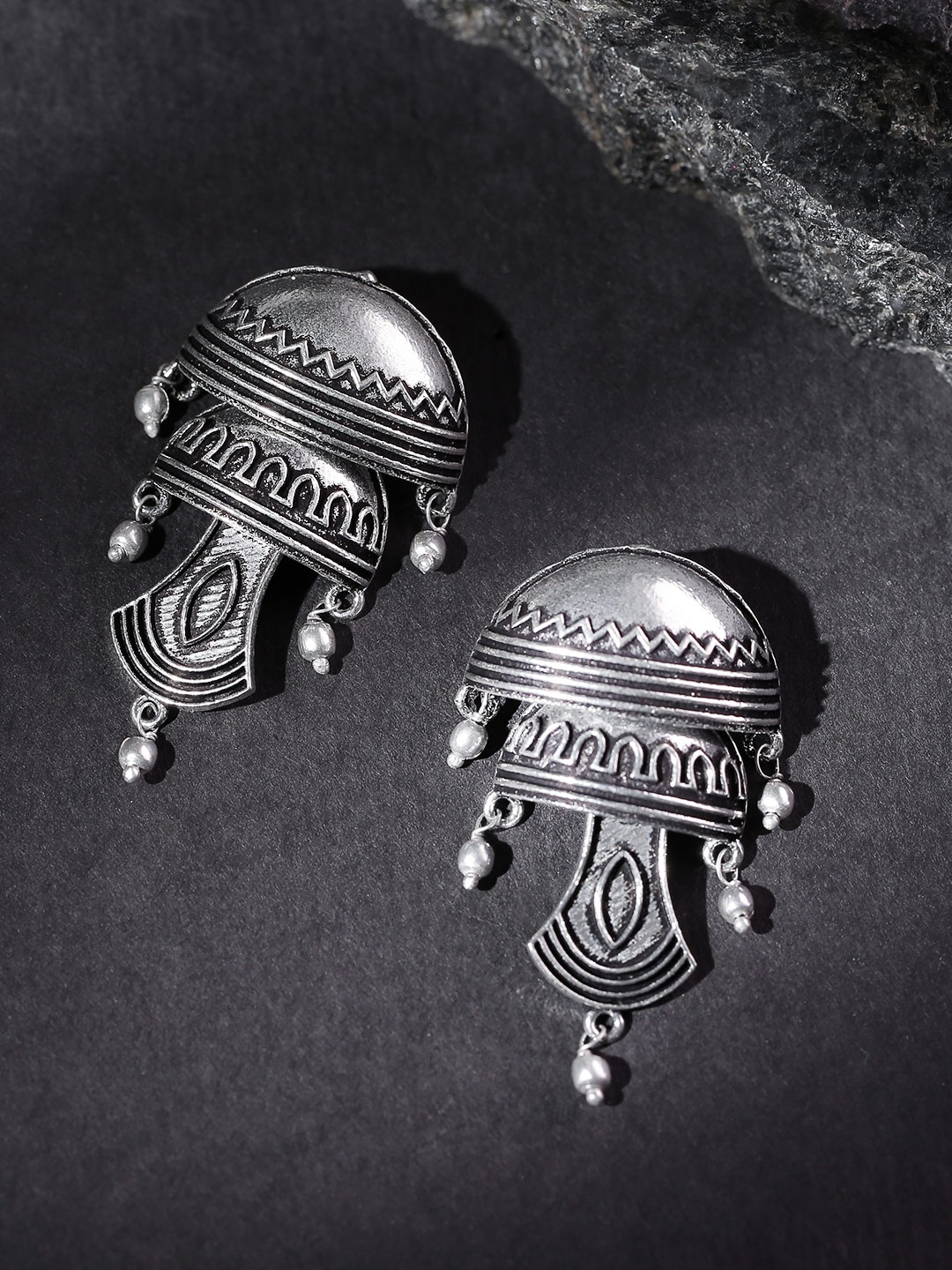 

Infuzze Oxidised Silver-Plated Textured Classic Drop Earrings