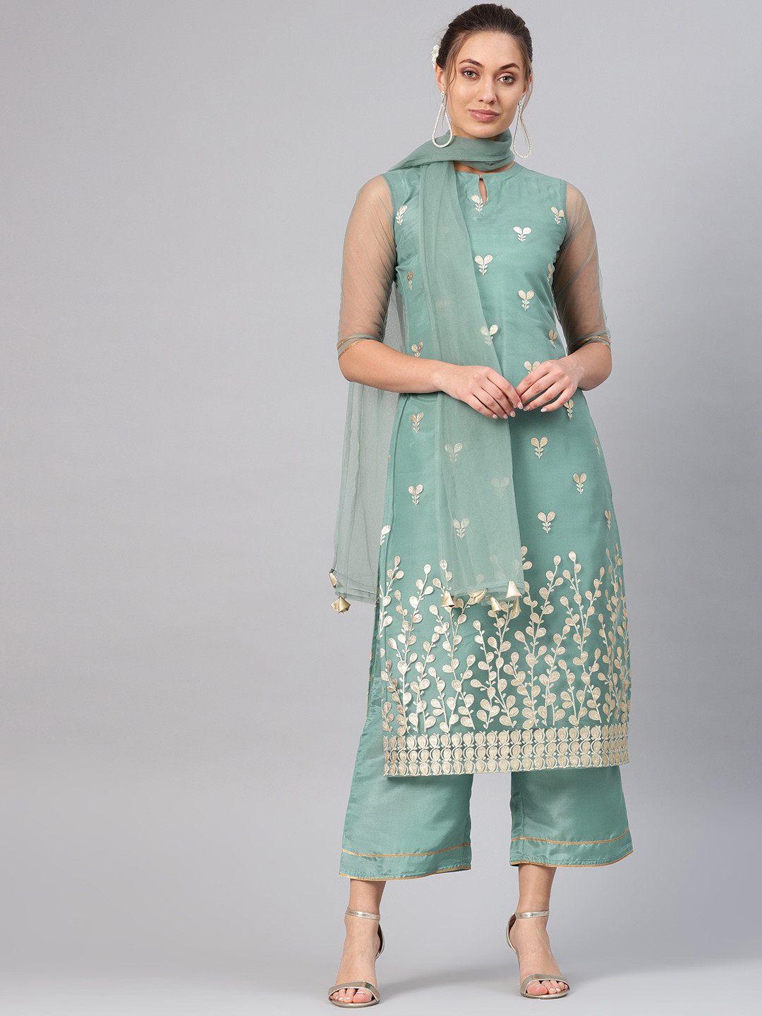 

Libas Women Green & Golden Block Print Kurta with Palazzos & Dupatta