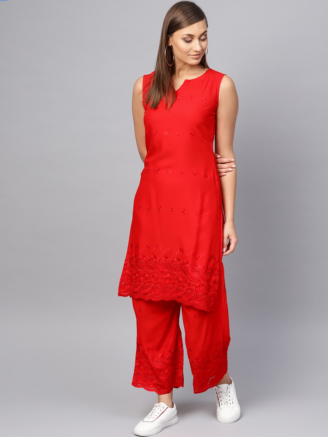 

Libas Women Red Embroidered Kurta with Palazzos