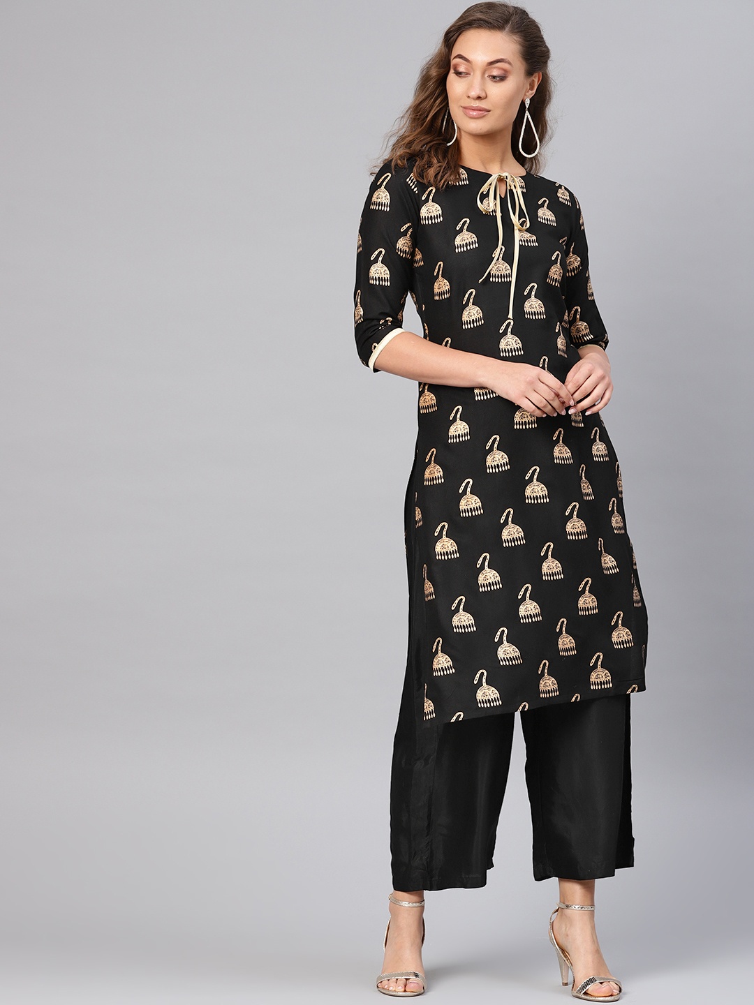 

Libas Women Black & Golden Block Printed Straight Kurta