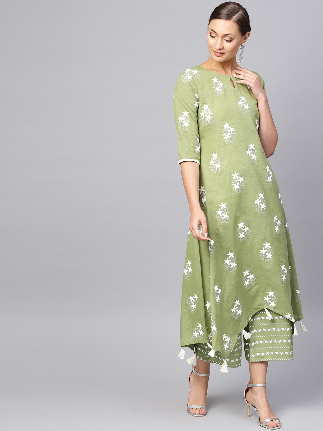 

Libas Women Green & Off-White Block Print Kurta with Palazzos