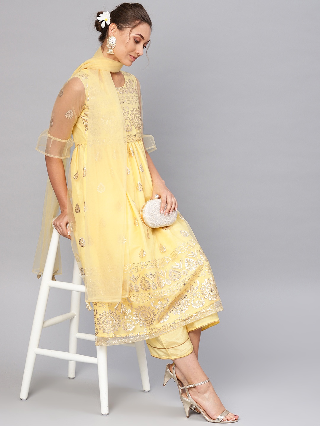 

Libas Women Yellow & Gold Net Block Print Anarkali Kurta with Palazzos & Stole