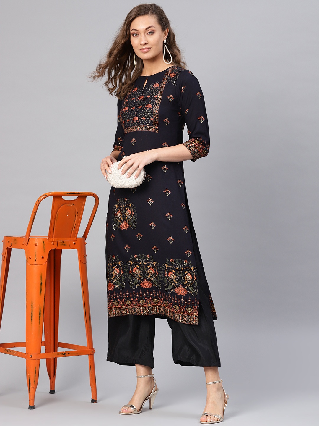 

Libas Women Navy Blue & Golden Block Printed Straight Kurta
