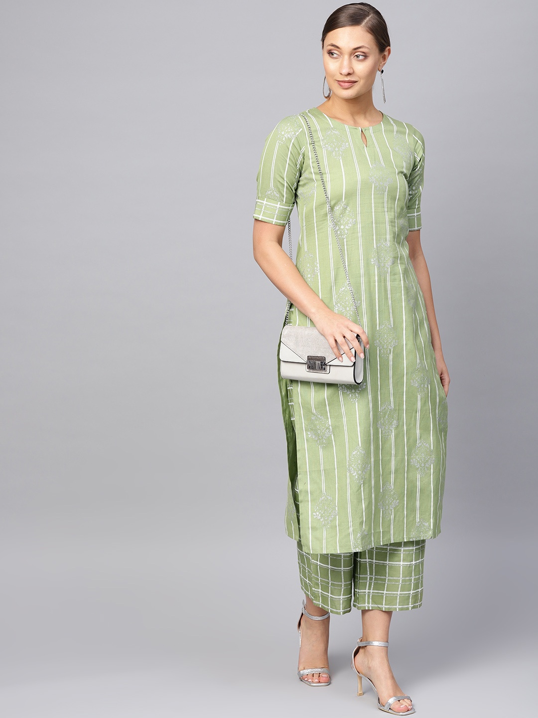 

Libas Women Green & Off-White Block Print Kurta with Palazzos