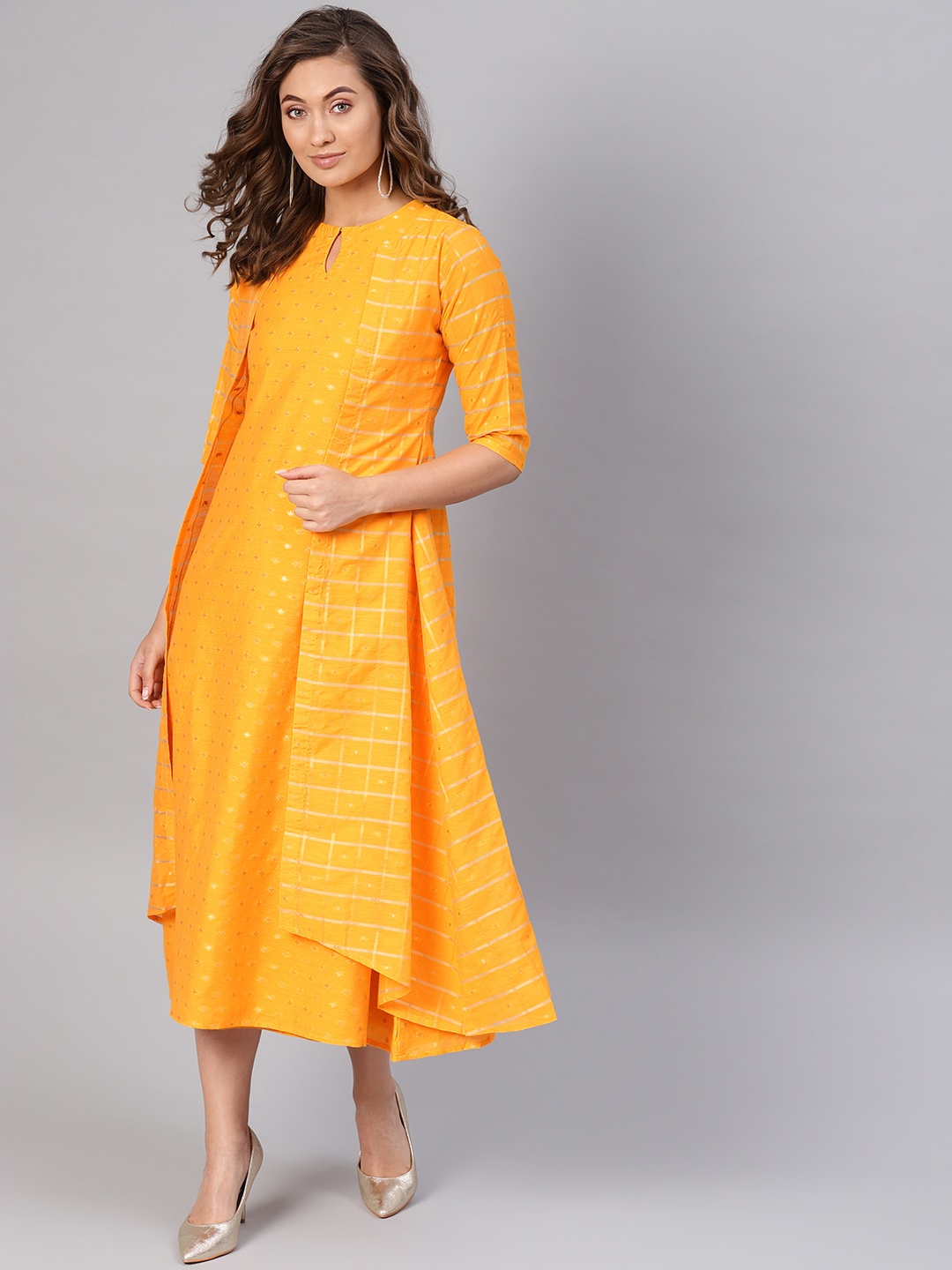 

Libas Women Yellow & Golden Self-Design Layered A-Line Dress