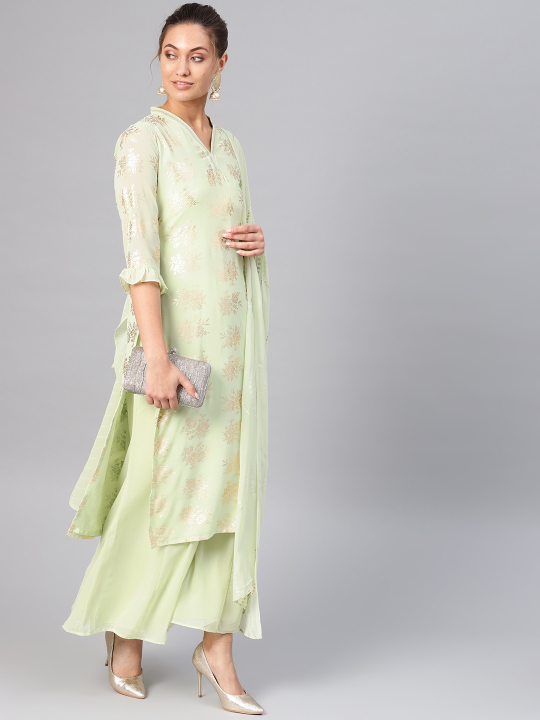 

Libas Women Green & Golden Block Print Kurta with Palazzos & Dupatta