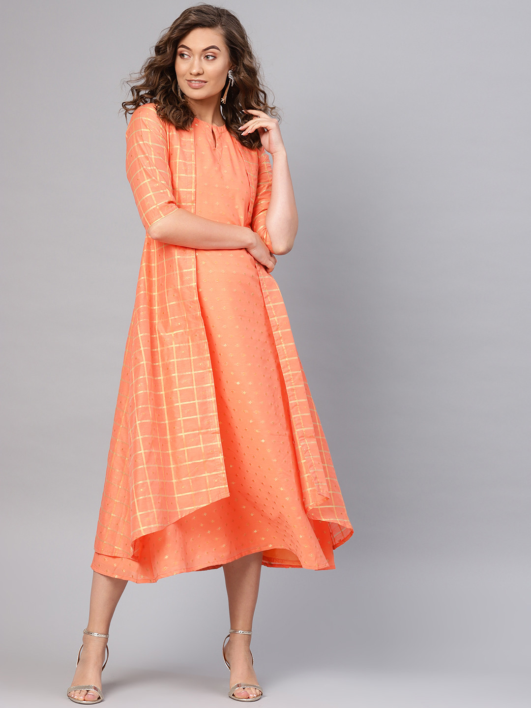 

Libas Women Peach-Coloured & Golden Self-Design Layered A-Line Dress