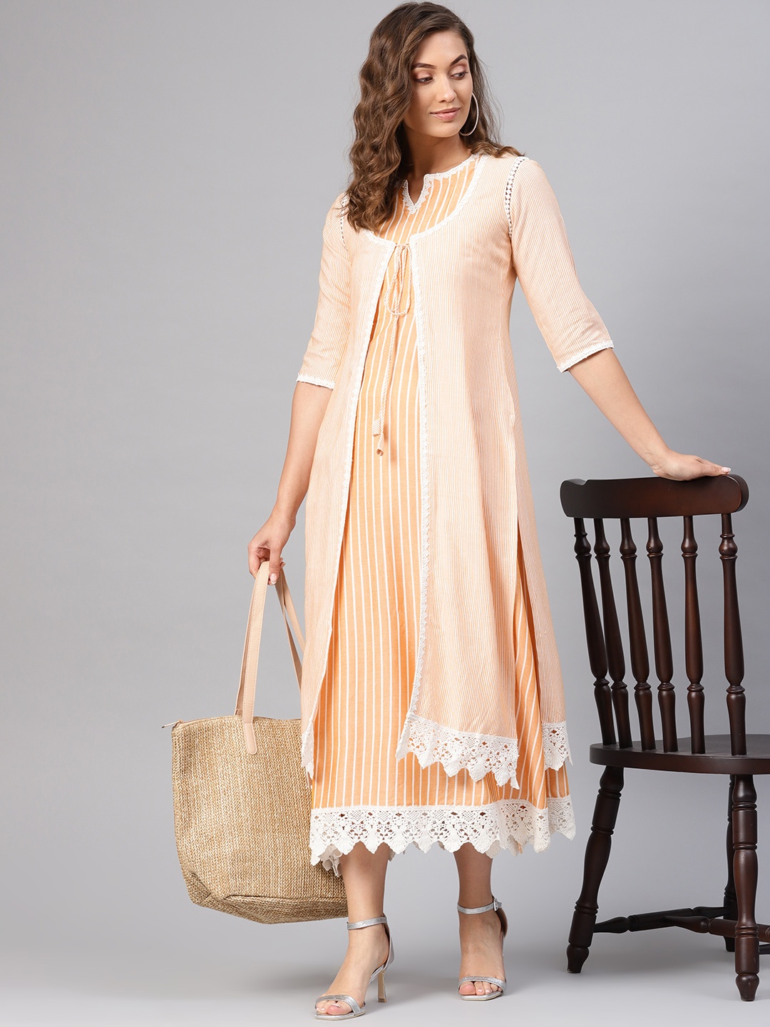 

Libas Women Peach-Coloured & White Striped Layered A-Line Dress