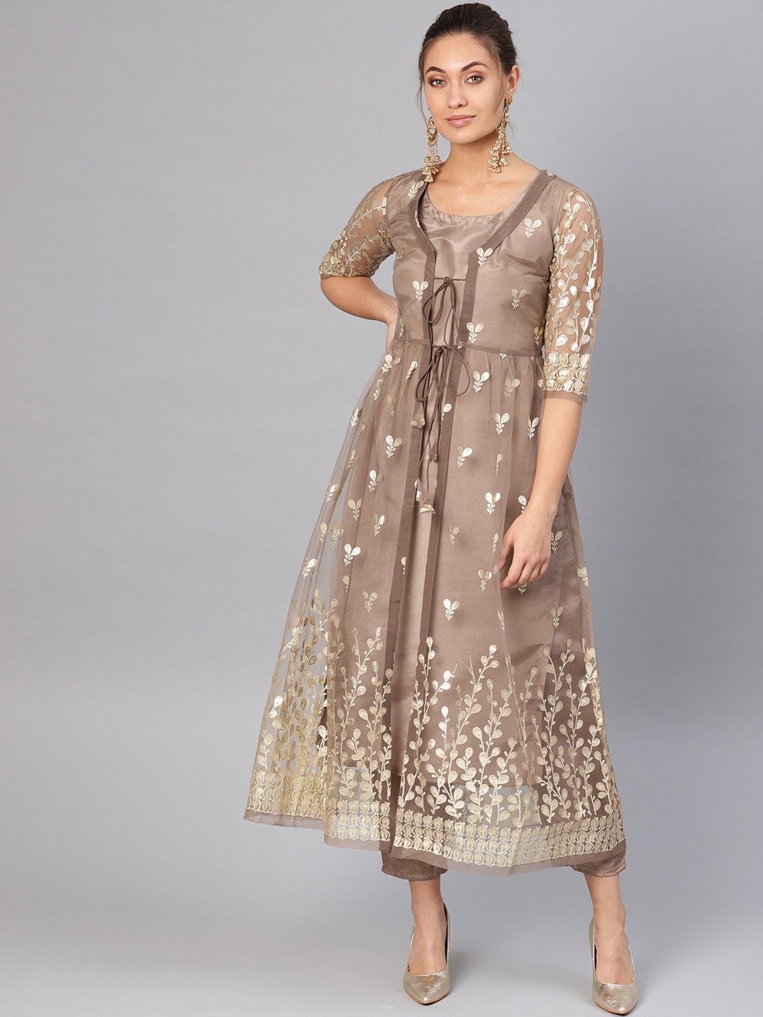 

Libas Women Brown & Golden Self design Kurta with Trousers