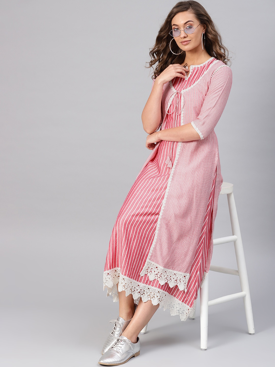 

Libas Women Pink & White Striped Layered A-Line Dress