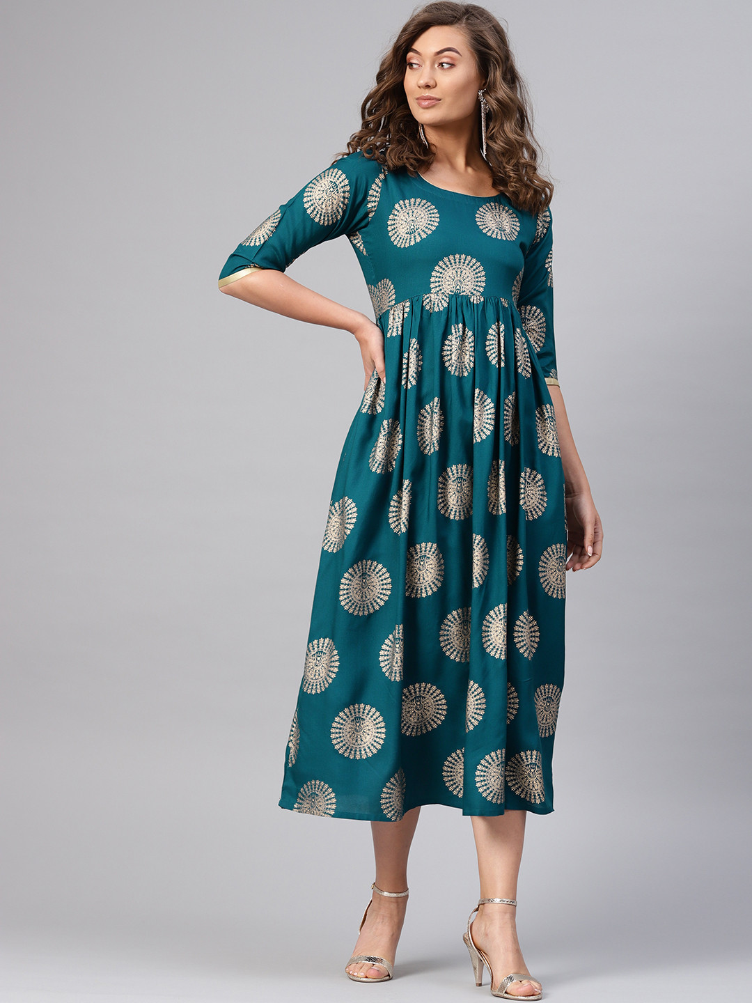

Libas Women Teal Blue & Golden Block Print A-Line Dress