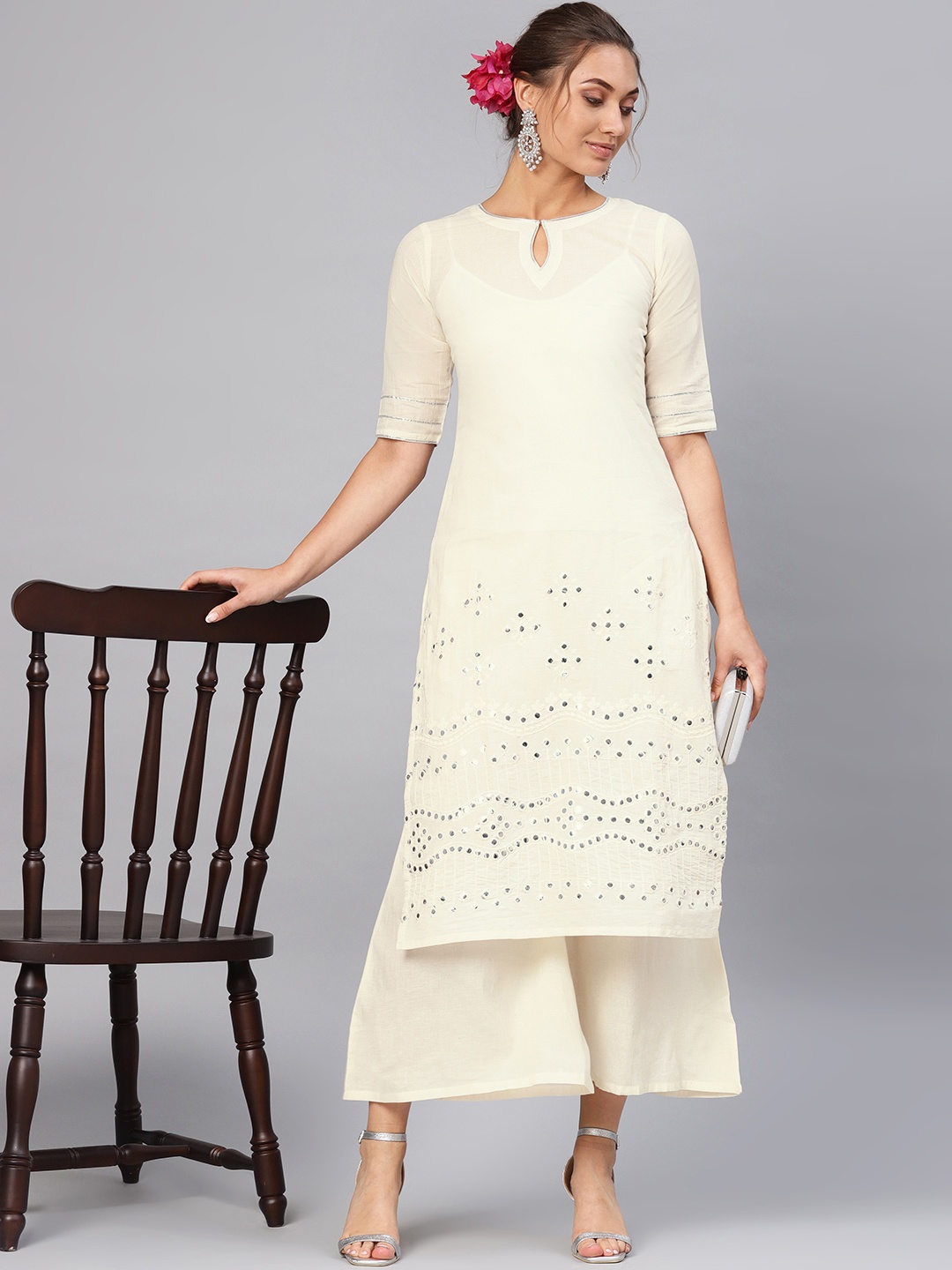 

Libas Women Off-White Mirror Work Embroidered Kurta with Palazzos