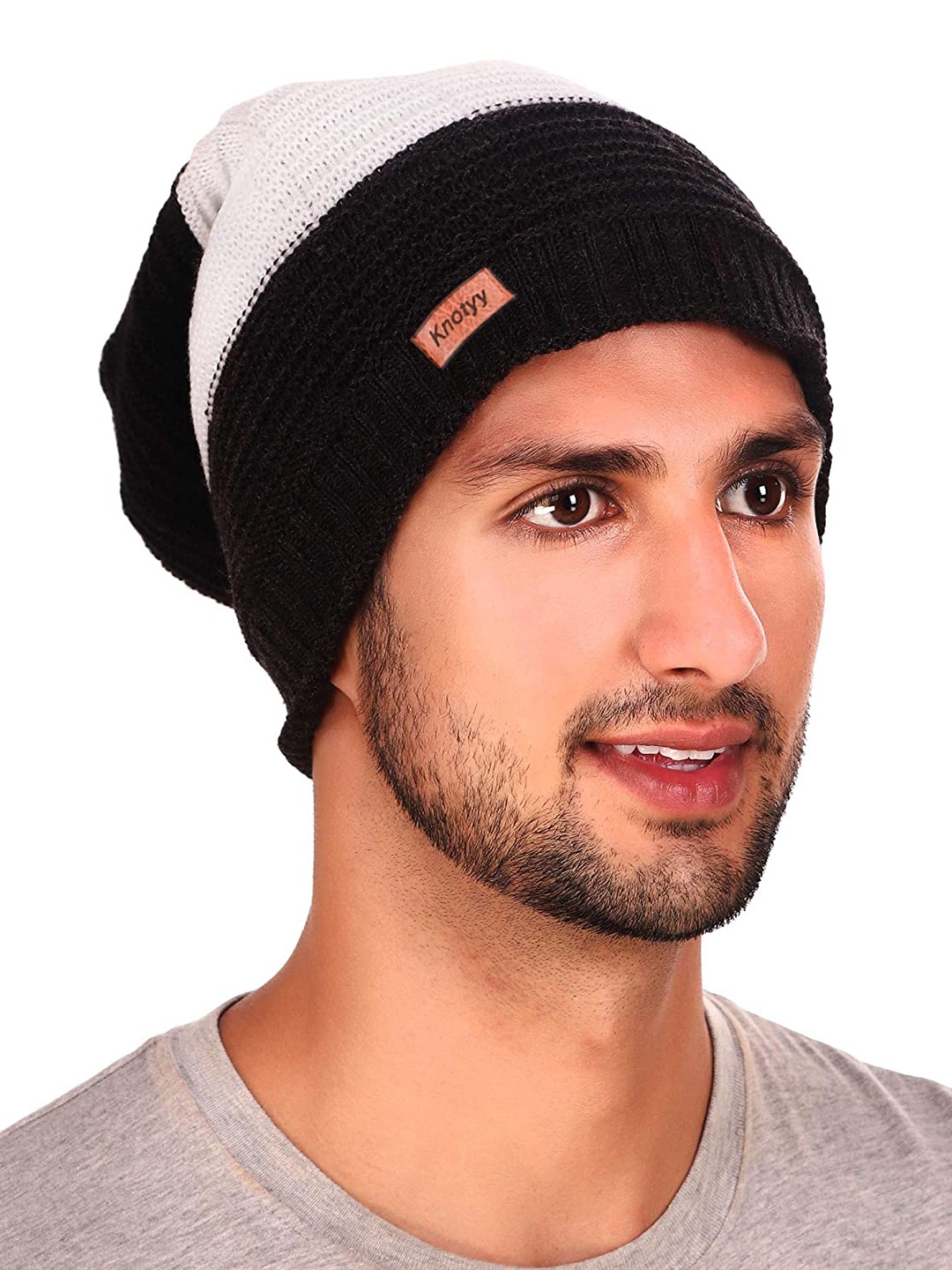 

Knotyy Men Black & White Self Design Beanie