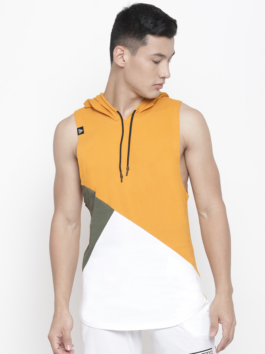 

Aesthetic Bodies Men Mustard Yellow & White Colourblocked Hooded T-shirt