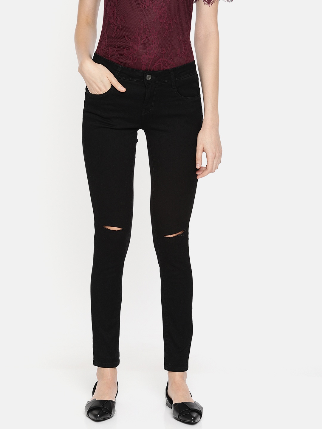 

AND Women Black Super Skinny Fit Mid-Rise Slash Knee Stretchable Jeans