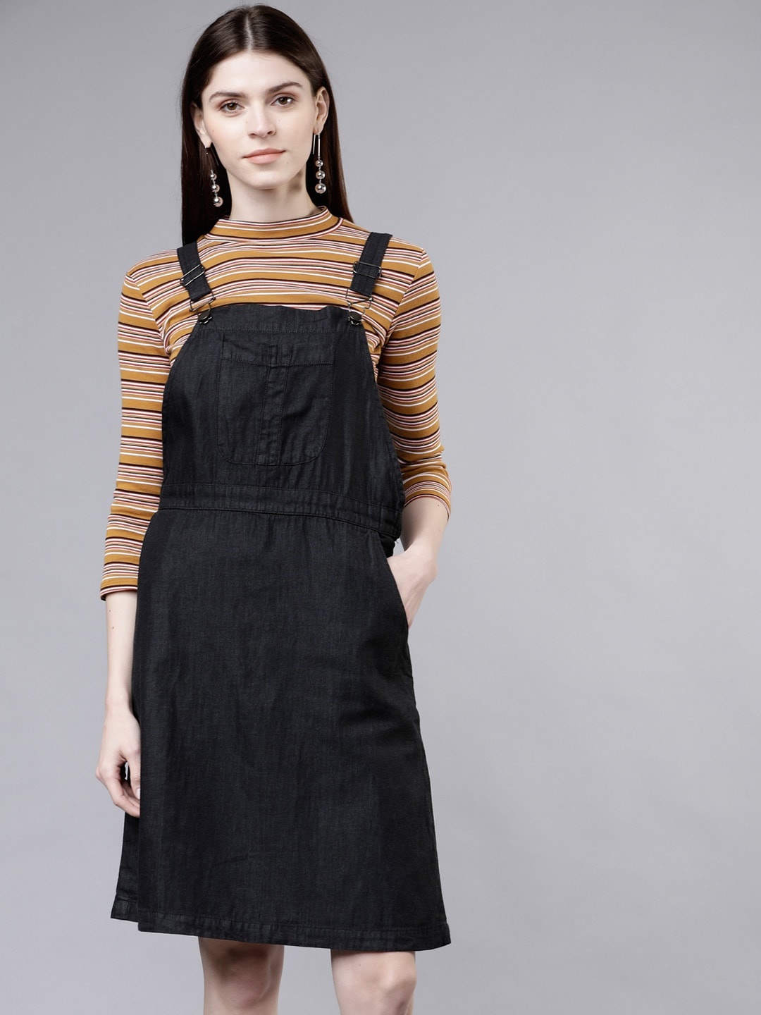 

Tokyo Talkies Women Black Denim Pinafore Dress