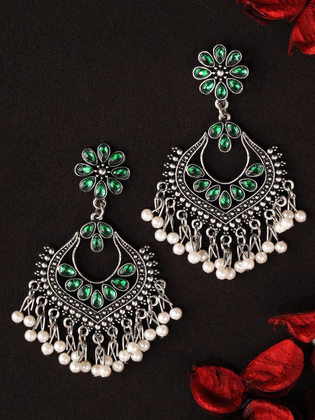 

Rubans Silver-Toned Classic Oxidised Drop Earrings