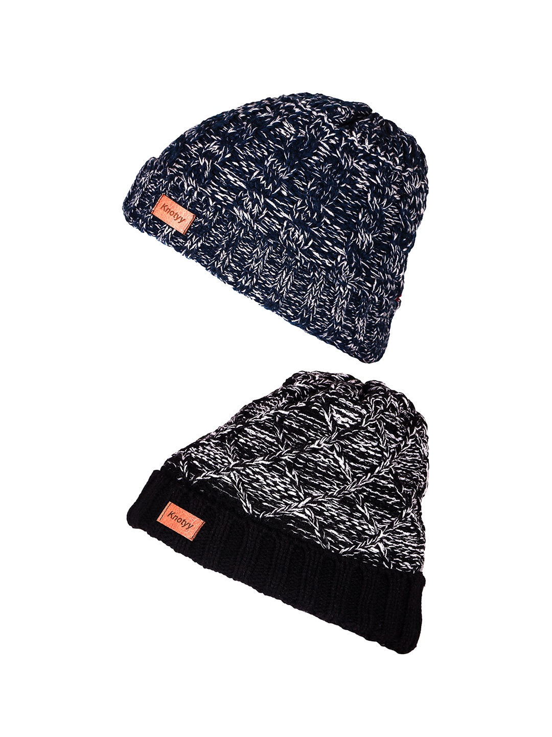 

Knotyy Men Black & Blue Pack of 2 Self Design Beanie